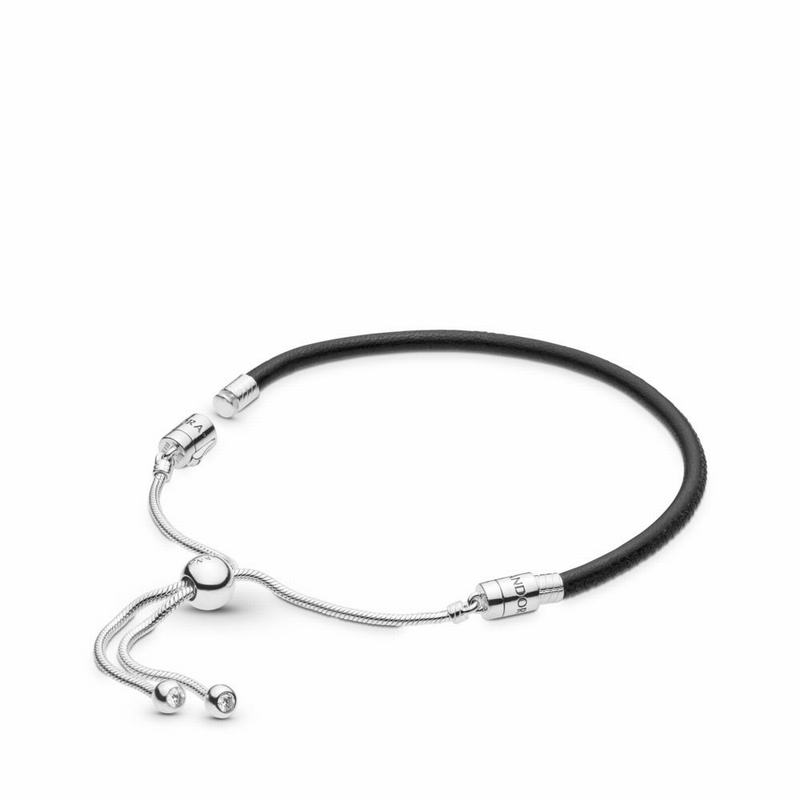 Pandora Sliding Black Leather Bracelet - Sterling Silver/Leather/Black/Cubic Zirconia - Canada | HN6